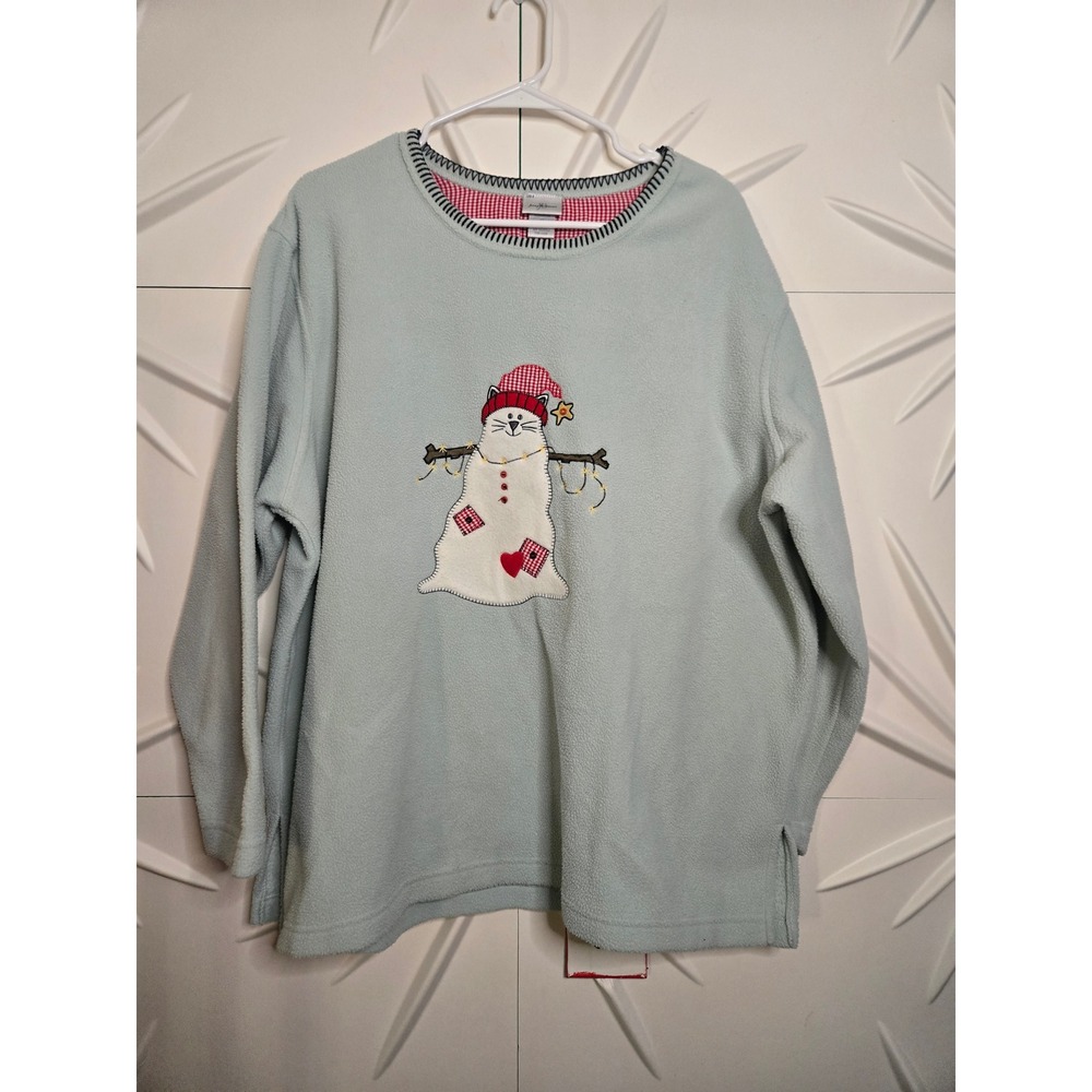 Jenny Buchanan  1X Blue Fleece Cat Snowman Ugly Christmas Sweatshirt Gingham